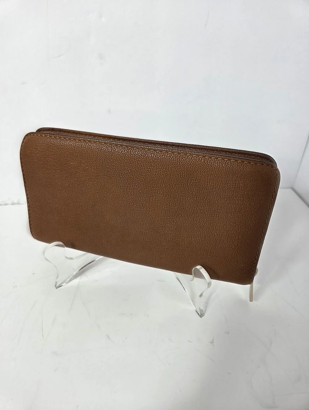 vtg michael kors brown leather wallet front lock logo full size zip around tan